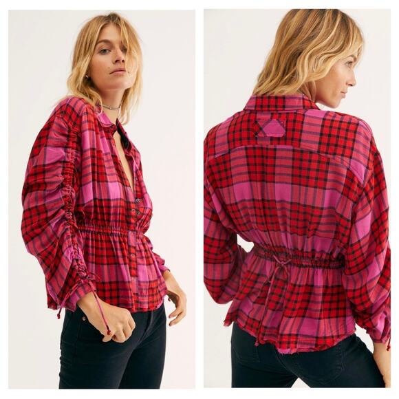 Free People Tops - Free People Pacific Dawn Red Pink Drawstring Plaid Shirt Medium